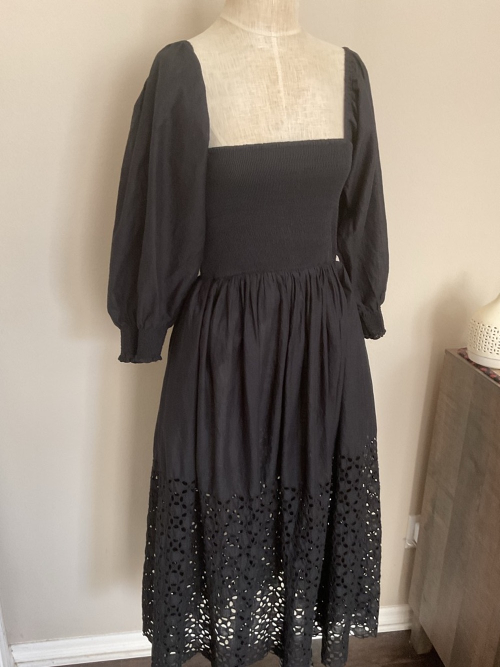 Free People Cotton Black Smocked Bodice Maxi Dress with Eyelet Skirt. Size SP.